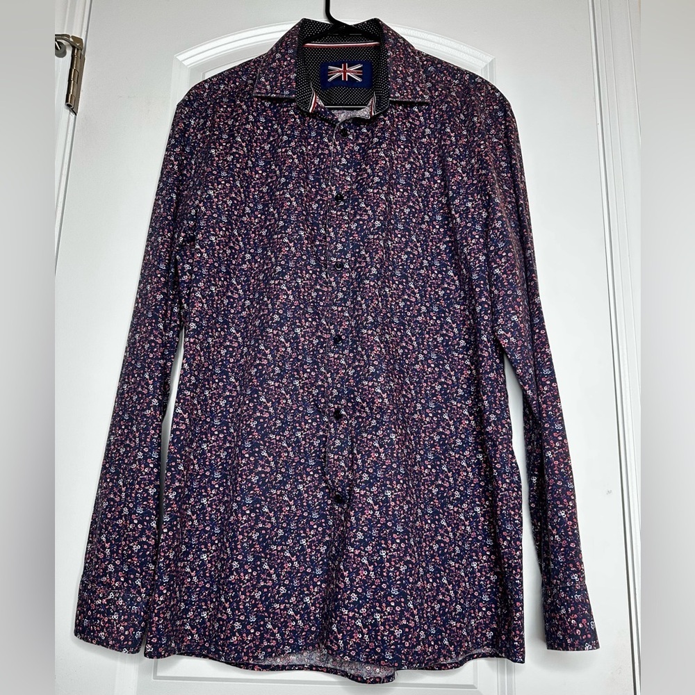 Soul of London Preppy Floral Shirt Navy 16.5 Modern Fit Button Up - Picture 2 of 10